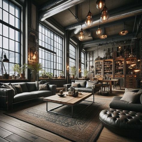 Industrial Living Room Manly House Decor, Concrete Apartment, Industrial Chic Interior, Loft Style Living, Industrial Loft Design, Industrial Apartment, Industrial Home Design, Loft Stil, Industrial Home