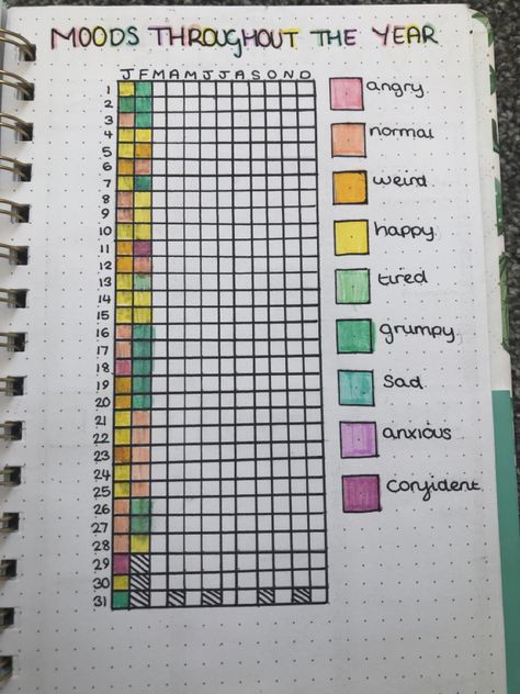 Mood Tracker Notebook, Diary Tracker Ideas, Year Mood Tracker, Mood Notebook, Hobby Tracker, Diary Tracker, Yearly Mood Tracker, Year Tracker, Mood Tracker Journal