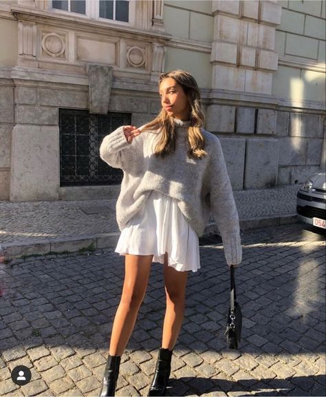 White Lace Mini Dress Outfit, Outfit Ideas Amsterdam, White Skirt Ruffle, Milan Italy Outfit Autumn, White Skirt Autumn Outfit, Italy Autumn Outfit, White Skirt Fall Outfit, Amsterdam Spring Outfit, White Skirt Outfit Aesthetic