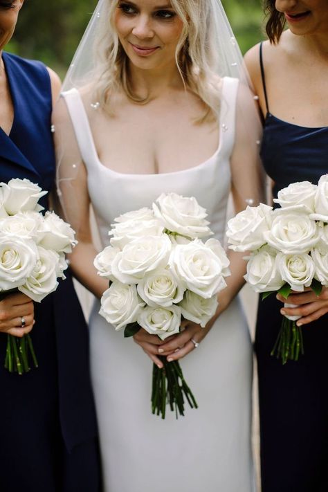 3 Rose Bridesmaid Bouquet, All White Wedding Bouquet Roses, Roses Only Bouquet, Rose Bouquet Wedding White, Wedding Flower Bouquets Bridal White Roses, White Blue Bridesmaid Bouquet, All Roses Bouquet, Minimalist Rose Bouquet, All White Rose Bouquet Wedding