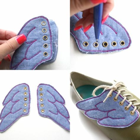 How to: Winged Shoes.  Would be so cute for a daughter one day (one day a very long time from now). Winged Shoes, Shoe Accessories Diy, Shoe Wings, Diy Wings, Running Team, Hermes Style, Fly Shoes, Wing Shoes, Hermes Shoes