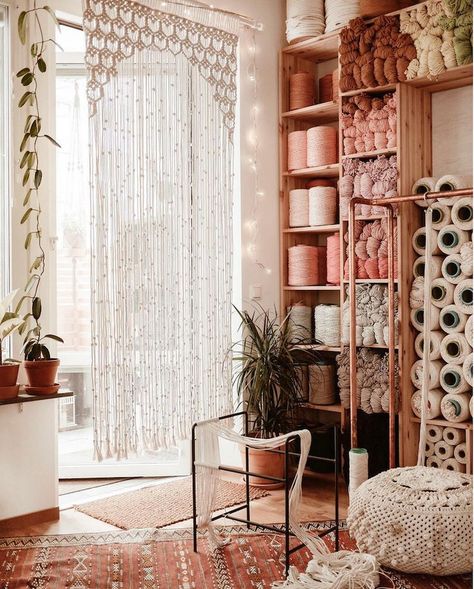 The Cosy studio of a Macramé Artist Stockholm Home, Diy Macrame Wall Hanging, Scandinavian Style Furniture, Knitting Room, Scandinavian Style Home, Craft Room Design, Macrame Curtain, Craft Room Decor, Studio Room