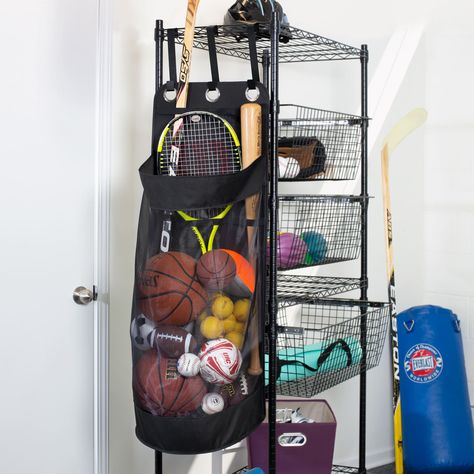 Workout Storage, Sports Equipment Organization, Sports Equipment Storage, Sports Storage, Gear Storage, Football Or Soccer, Garage Organize, Ball Storage, House Deco