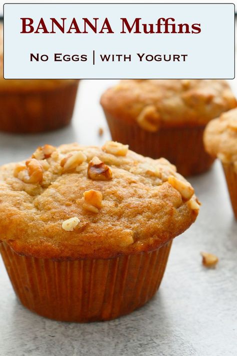 Banana Recipes Without Eggs, Banana Muffins No Butter, Muffins No Butter, Egg Free Banana Muffins, Muffins No Eggs, Eggless Banana Muffins, Banana Yogurt Muffins, Banana Breakfast Muffins, Easy Banana Muffins