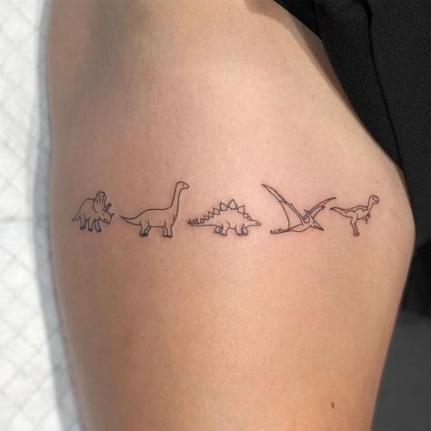 Teeny dinosaurs   for Mia! Thank you so much for having me tattoo ur cute designs on you! @hunterandfoxtattoo  #finelinetattoo #tattoo… Tiny Tattoo, Tattoo Women, Animal Tattoo Designs, Design Tatuaje, Tier Tattoo, Tattoo Diy, Dinosaur Tattoos, Shape Tattoo, Disney Tattoo