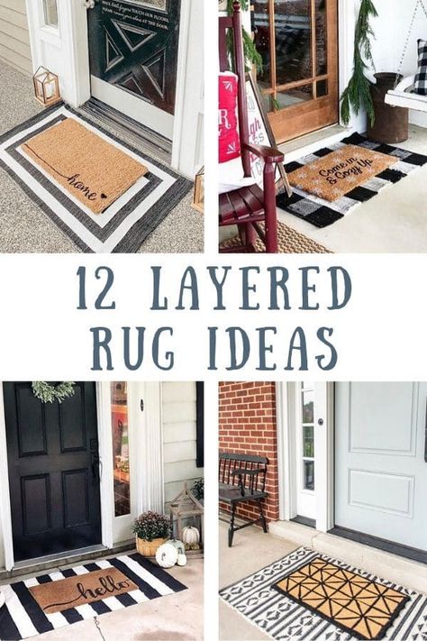 Layered rug ideas for indoors and outdoors. Find layered rugs in almost every farmhouse on the porch. Layered rugs can be used in the living room as well as by the front door. Any holiday layered rugs are perfect. When layering rugs they can be any color. Black and white, jute, grey and white or red and cream. Rug On Front Porch, Farmhouse Layered Rugs, Entryway Layered Rugs, Porch Doormat Ideas, Layered Rug Front Door, Front Porch Decor With Black Door, Rug Layering Front Porch, Fall Front Porch Rug Ideas, Farmhouse Front Door Mat