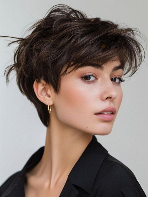 Long Wavy Pixie Haircut, Short Hairstyle Women Pixie Cut, Short Pixie Hairstyle Women, Pixie 2024, Pretty Haircuts, Feminine Short Hair, Brunette Pixie, Curly Pixie Haircuts, Pixie Bob Haircut