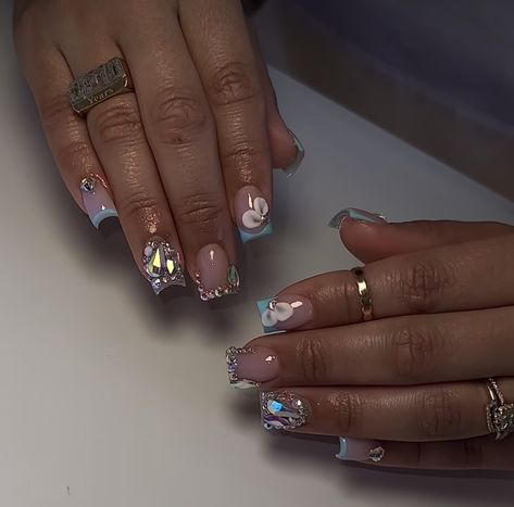 Short Nails Cute Dramatic Short Nails, Jeweled Short Nails, Short Nails With Designs And Charms, Short Acrylic Nails Extra, Mini Short Nails, Short Nail Designs Jewels, Short 2024 Nails, Short Flower Acrylic Nails, Cute Short Nails With Gems