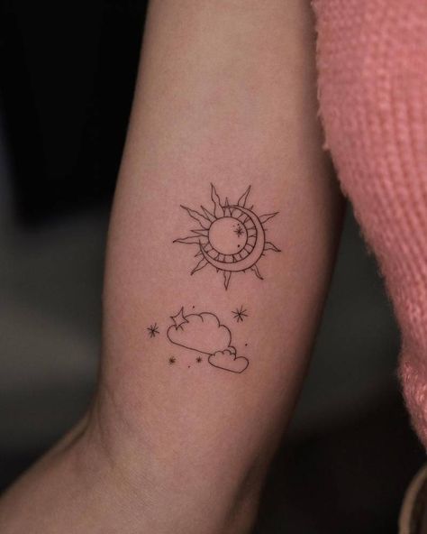 Sun Moon Star Cloud Tattoo, Sun Moon Clouds Tattoo, Sun Moon Heart Tattoo, Sun And Moon Tattoo Ribs, Sun Moon Stars Clouds Tattoo, Elegant Moon Tattoo, Sun And Moon Tattoo Together, Sun Moon Arm Tattoo, Sun Moon Cloud Tattoo