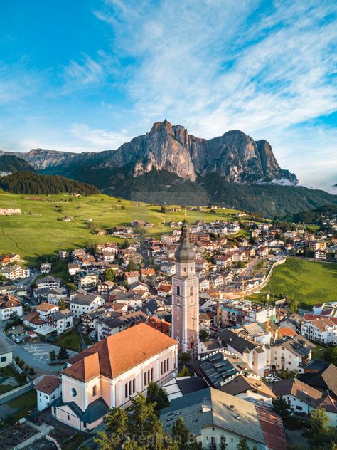 "Kastelruth (Castelrotto) in South Tyrol, Italy | Aerial" by Stephen Barna - $20.81 Tirol, Earth City, Italian Dolomites, Travelling Abroad, Aerial Photos, Best City, Italian Alps, South Tyrol, City Breaks