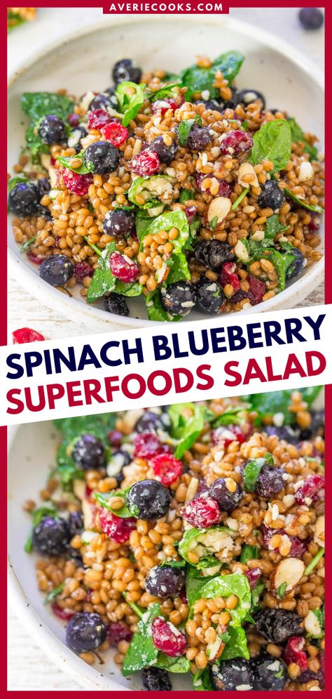 Blueberry Lunch Recipes, Superfoods Salad, Wheat Berry Salad Recipes, Blueberry Salad Recipes, Wheat Berry Salad, Easy Spring Recipes, Wheat Berry, Fresh Summer Salad, Averie Cooks