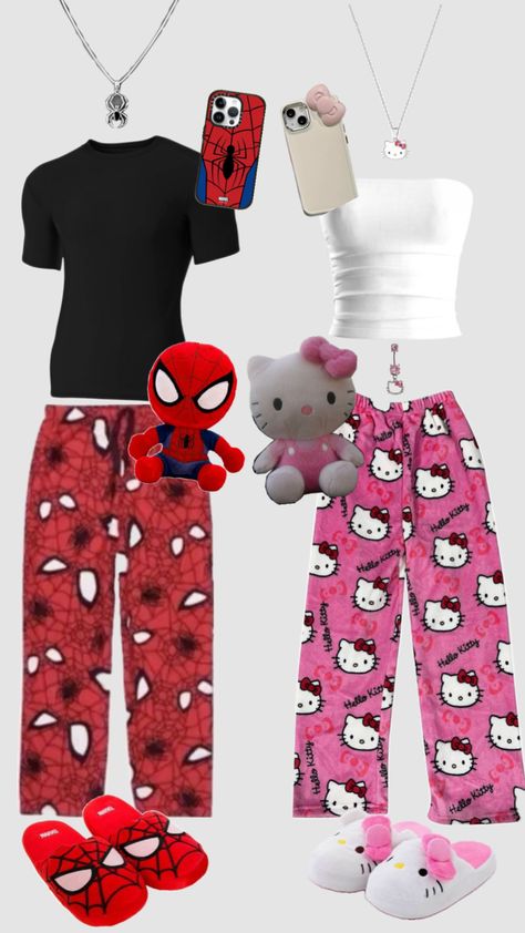 Spider Man And Hello Kitty, Spiderman And Hello Kitty, Hello Kitty Outfits, Hello Kitty Pajama Pants, Hello Kitty Pattern, Couple Outfits Matching, Bf And Gf, Bff Matching Outfits, Kitty Pattern