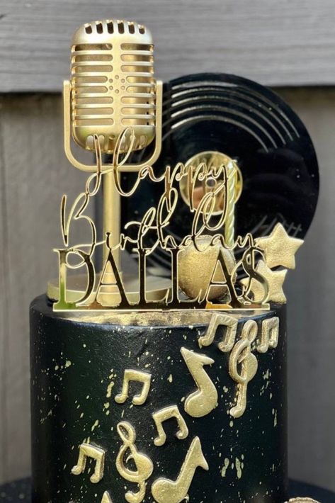 "*This listing is for Acrylic Name cake Topper, Record cake topper or Microphone prop ONLY.  Cake and other items not included.   This cake topper is the perfect addition to your celebration in any occasion.  Listing example is in Mirrored Gold. | DETAILS | -Name Topper can be ordered in Approximate sizes of 5 or 6\".  Stem is approximately 3\".  Height depends on the name.  Made with 1/8\" acrylic. -Record Cake topper is approximately 5\" wide by 5\" tall and cones with a 3\" stick.  it is made Microphone Birthday Cake, Karaoke Cake Ideas, Dj Themed Birthday Party, Music Theme Birthday Cake, Cake Toppers For Men, Vinyl Record Cake, Music Cake Topper, Music Birthday Cakes, 30th Birthday Cakes For Men