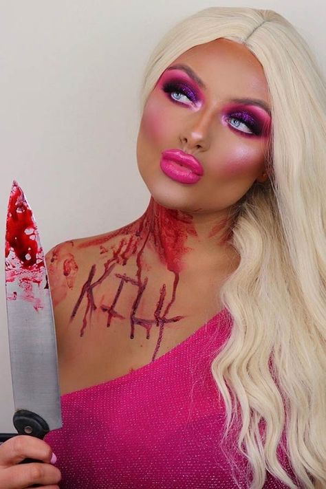 Scary Barbie Halloween Costume, Scary Barbie Makeup, Zombie Barbie Makeup, Scary Barbie Costume, Zombie Barbie Costume, Barbie Makeup Halloween, Barbie Halloween Makeup, Evil Barbie, Scary Barbie