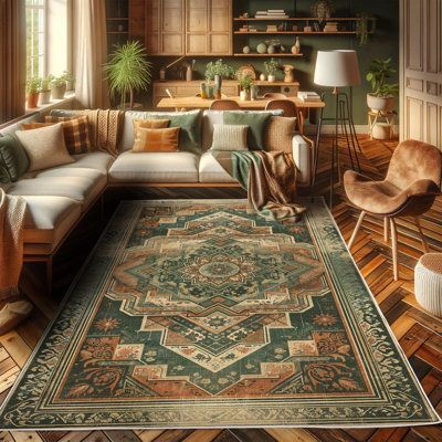 Green;hunter Green Peach;peach Rectangle 4' x 5'7" Area Rug - Ambesonne Oriental Boho High Density Long Fiber Poly Threads Decorative Area Rug Carpet 66.93 x 48.03 x 1.18 in greenPolyester | Wayfair -  #Ambesonne #Area #Boho #Carpet #Decorative #Density #Fiber #Green #Greenhunter #greenPolyester #High #Long #Oriental #Peachpeach #Poly #Rectangle #Rug #Threads #Wayfair Boho Entertainment Room, Boho Area Rugs In Living Room Green, Fall Decorations Inspiration, Boho Rugs For Living Room, Green Sofa With Rug, Burnt Orange And Green Living Room Decor, Gujarati Home Decor, Green Couch Area Rug Ideas, Craftsman Apartment Decor