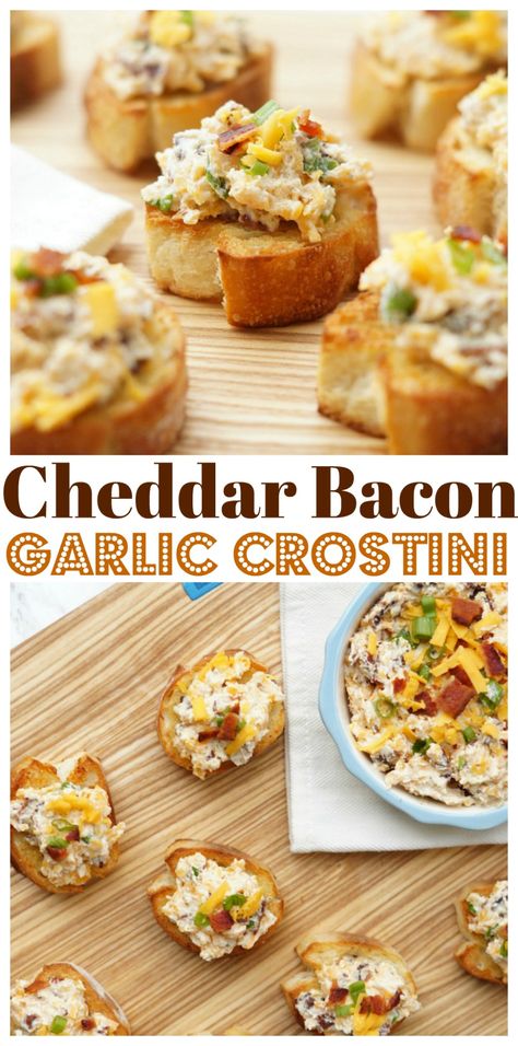 Cheddar Bacon Garlic Crostini Cream Cheese Baguette, Mini Crostini Appetizers, Dips With Crostini, Easy Crostini Appetizers, Baguette Appetizer Ideas, Crustini Appetizers Summer, Crustini Appetizers Fall, Baguette Recipe Appetizers, New Years Eve Snacks Appetizers