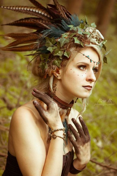 Woodland fae ~ love the feather and vine headdress, face makeup and 'dirty hands' | via Facebook by BeaB Photographie In The Woods, Mother Nature, Feathers, A Woman, Makeup, Nature, Make Up