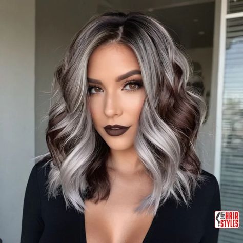 Ash Purple Balayage Gray Hair, Gray Root Balayage, Hair Color Ideas With Grey, Reverse Ombre Grey Hair, Grey To Blonde Balayage, Short Dark Hair With Platinum Highlights, Dark Brown With Grey Balayage, Grey Hair With Dark Highlights, Colored Grey Hair