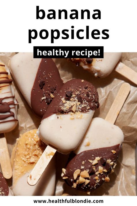 These easy and healthy 6 ingredient banana popsicles are naturally sweetened with maple syrup and dipped in either a peanut butter or chocolate magic shell. The perfect frozen, refreshing Summer dessert. Banana Popsicle Recipes, Frozen Banana Pops, Banana Popsicles, Yogurt Banana, Blueberry Crumble Bars, Popsicles Recipe, Banana Pops, Magic Shell, Yogurt Popsicles