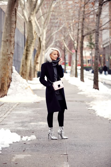 I love this look so much! It's my classic look with a bold shoe addition and enough layers to survive the snow! Gold Boots Outfit, Metallic Boots Outfit, Silver Leather Jacket, Silver Ankle Boots, Boots Outfit Ideas, Neon Prom Dresses, Coated Leggings, Boots Outfit Ankle, Black Flare Pants