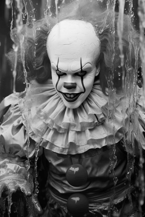 Black and white image of Pennywise Pennywise Black And White, Clown Black And White, Pennywise Portrait, Classic Pennywise, Spooky Black And White Photos, White Image, White Art, Black And White, White