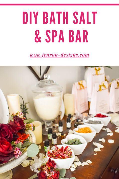 Host A DIY Spa Bar Party JENRON DESIGNS Massage Therapy Party Ideas, Bath Salt Bar Party, Holistic Party Ideas, Spa Bridal Shower Ideas, Diy Herbal Bath Salts, Spa Shower Ideas, Spa Vision, Diy Spa Party, Spa Party Ideas