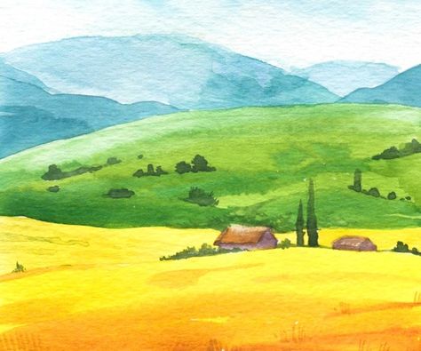 Landscape Field, Farm Fields, Watercolor Postcard, Watercolour Landscape, Watercolor Landscapes, Watercolor Paintings Easy, Nature Background, Watercolor Painting Techniques, Watercolor Landscape Paintings