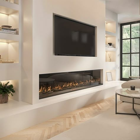 Tv To Right Of Fireplace, Electric Fireplace Media Wall, Wood Burner Tv Wall, 70 Inch Tv Over Fireplace, Entertainment Unit With Fireplace, Electric Fire Media Wall, Media Fireplace Wall, Media Wall Fireplace, Large Fireplace Wall