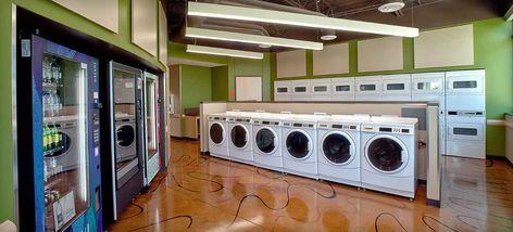 residence hall laundry room with washing machines, dryers and vending machines Communal Laundry Room, Bridge Reference, Hall Laundry Room, Hall Laundry, University Of Texas At Dallas, University Housing, Residence Hall, Mini Blinds, Single Bedroom