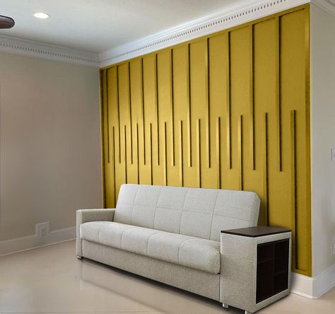 Slat Accent wall panels, ready to install, MDF wall panels,  3D accent wall panels kit, wall design, accent wall art, custom wall decoration Accent wall panels are made from MDF 1/2 in. Ready to paint Regular size: Width - 1.5 in and 2 in. Length - 59.75 in. You can order custom size. The boards are cut in half for delivery.  The boards are not self-adhesive. Foam Wall Panels, Accent Wall 3d Panel, Yellow Accent Wall Bedroom, Wooden Geometric Accent Wall, Modern Wall Paneling Lowe's, Large Accent Wall, Yellow Accent Wall, Wall Treatments Living Room, Easy Accent Wall