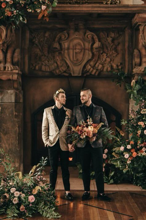 Sequin Menswear, Masculine Florals, Satanic Wedding, Masculine Dress, Masculine Wedding, Dover Hall, Gay Wedding Photos, Queer Weddings, Lgbt Wedding