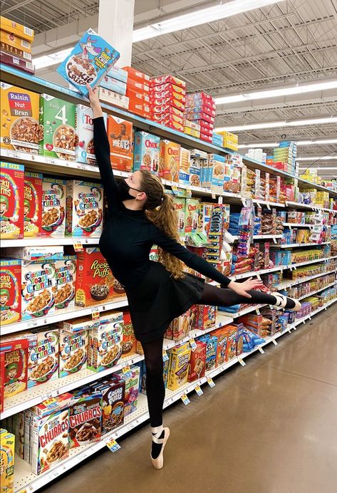 Ballerina in all black in the colorful cereal aisle of the grocery store Cereal Aisle, Dance Picture Poses, Ballet Photography, Dance Pictures, Picture Poses, Vintage Photography, Art Show, Grocery Store, All Black