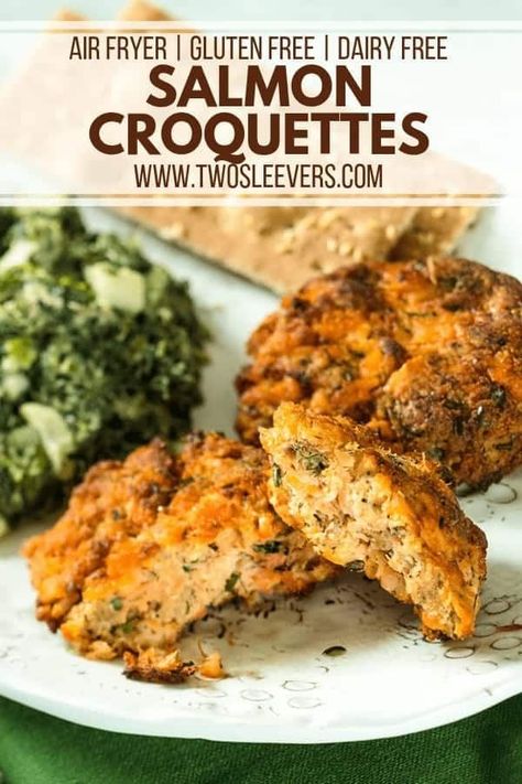 These deliciously crunchy Salmon Croquettes will be your new favorite recipe! Salmon Croquettes | Air Fryer Salmon Croquettes | Air Fried Salmon Croquettes | Air Fryer Croquettes | Air Fried Croquettes | Salmon Recipes | Seafood Recipes | Air Fryer Salmon | Air Fryer Recipes | Croquette Recipes | Dairy Free Recipes | Gluten Free Recipes | TwoSleevers | #twosleevers #salmoncroquettes #salmonrecipe #airfryerseafood #salmonpatties Croquettes Air Fryer, Crunchy Salmon, Air Fryer Salmon Patties, Salmon Croquettes Recipe, Fried Salmon Patties, Air Fryer Recipes Low Carb, Gluten Free Salmon, Croquettes Recipe, Recipe Salmon