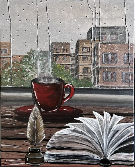 A view of a city drenched in rain along with a cup of coffee and a book Rainy Day Painting Easy, Rainy Day Aesthetic Drawing, Abstract Coffee Art, Coffee Cup Painting Ideas, Rainy Drawing, Rainy Day Sketch, Rain Acrylic Painting, Coffee Painting Canvas, Rainy Day Painting