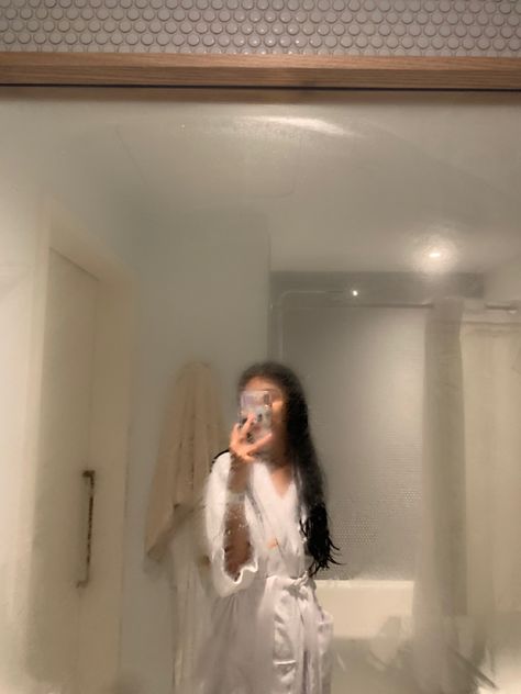 Shower Robe Aesthetic, Fake After Shower Snaps, Bathrobe Mirror Selfie, Just Got Out The Shower Pic, Bath Robe Aesthetics, Hot Shower Aesthetic, Post Shower Mirror Selfie, After Bath Selfie, Shower Aesthetic Girl