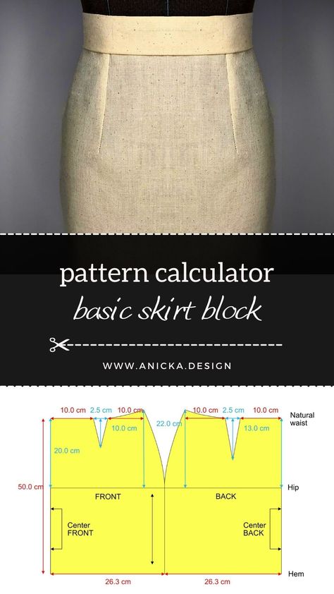 Basic pattern block calculator image. Skirt Block Pattern, Basic Skirt Pattern, Pattern Drafting Bodice, Skirt Pattern Easy, Pattern Making Tutorial, Sewing Patterns Skirt, Pattern Drafting Tutorials, Sewing Measurements, Bodice Pattern