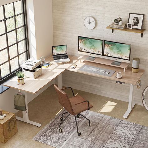 #electricdesk#standingdesk#office#workspace L Shaped Rising Desk, Corner Sit Stand Desk, L Shaped Sit Stand Desk, Standing L Shaped Desk, Fezibo Standing Desk, Sit Stand Desk Office Layout, L Shaped Adjustable Height Desk, L Shaped Standing Desk Home Office, Standing Desk L Shape