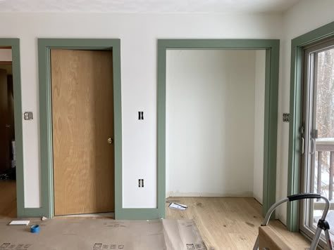 Green Wall And Trim, Green Painted Trim Interior, White Room Green Trim, Green Baseboards And Trim, Green Trim Nursery, Green Trim Bathroom, Green Baseboards, White Walls Green Trim, Green Trim White Walls