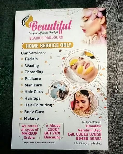 Parlour Board Ideas, Beauty Parlour Menu Card Design, Beauty Parlour Pamphlet Design, Parlour Wallpaper Design, Home Service Salon Ideas, Salon Pamphlet Design, Beauty Parlour Board Design, Beauty Parlour Poster, Beauty Parlour Poster Design