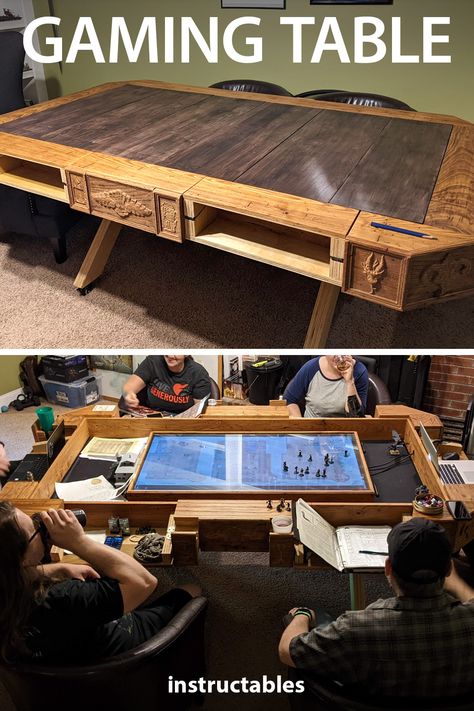 Tv Gaming Table, Tabletop Game Room Ideas, D&d Table Gaming Diy, Small Table Games, Dnd Table With Tv, Dnd Gaming Table Diy, Diy Dnd Table, Dnd Gaming Room, Dnd Game Table