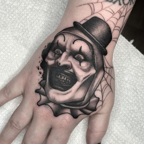 Terrifier Tattoo Stencil, The Terrifier Tattoo, Art The Clown Terrifier Wallpaper, Django Tattoo, Creepy Clown Tattoo, Art The Clown Terrifier Tattoo, Penny Wise Tattoo, Art The Clown Tattoo, Hellraiser Tattoo