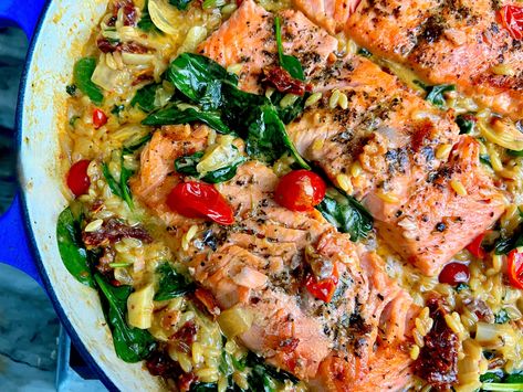 Salmon Spinach Orzo Recipe, Creamy Tuscan Salmon Recipe, Orzo And Salmon Recipes, Salmon Orzo Recipe, Salmon And Orzo, Salmon Orzo, Orzo Skillet, Orzo Spinach, Tuscan Salmon Recipe