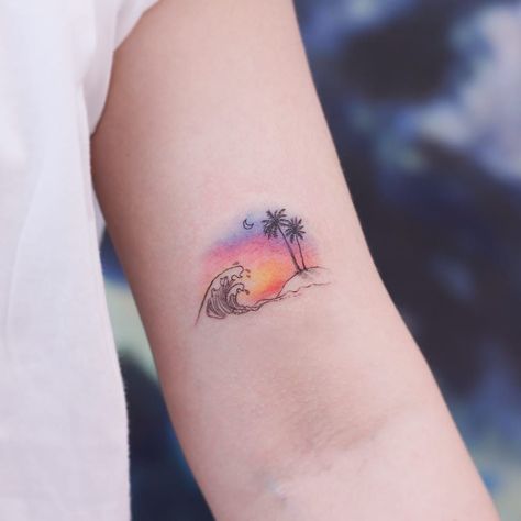 Sunset over the island. Tattoo by Saegeemtattoo #saegeemtattoo #tropicaltattoos #color #watercolor #linework #fineline #small #palmtree #island #waves #ocean #sea #moon #sunset #landscape #seascape Best Friend Tattoos Color, Sunset Tattoo, Island Tattoo, Hawaii Tattoos, Favorite Tattoos, Sunset Tattoos, Wave Tattoo, Landscape Tattoo, Ocean Tattoos