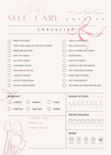 Transform your daily routine with this self-care checklist. Keep track of simple tasks like making your bed, jot down the date, monitor your sleep hours, stay hydrated, log your workout, and reflect on your mood. Self Care Daily Planner, Self Care Checklist For Moms, Self Care Notes Ideas, Clean Day Routine, Self Love Daily Routine, Daily Selfcare Checklist, Self Care Check In, Daily Check In, Self Care Moodboard