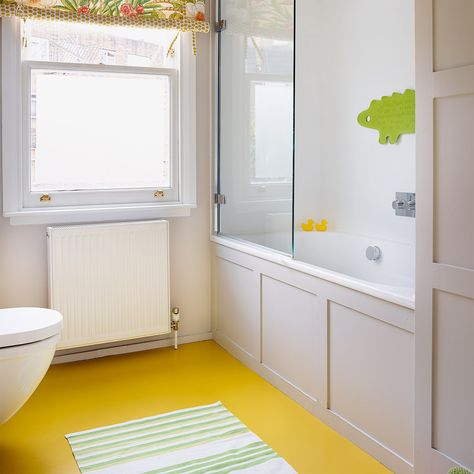 Yellow flooring ideas – Flooring ... Bathroom Lino, Bathroom Flooring Ideas, Marmoleum Floors, Bathroom Wainscoting, Yellow Floor, Victorian Terraced House, Bathroom Vinyl, Narrow Bathroom, Classic Bathroom