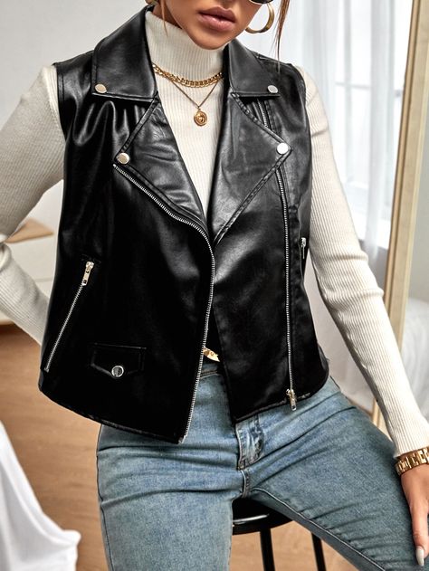 Leather Vest Outfit Street Style, Sleeveless Biker Jacket Outfit, Outfits With Leather Vest, Biker Vest Outfit Woman, Zipper Vest Outfits, Sleeveless Leather Jacket Outfit, Leather Waistcoat Outfit Woman, Biker Vest Outfit, Leather Gilet Outfit