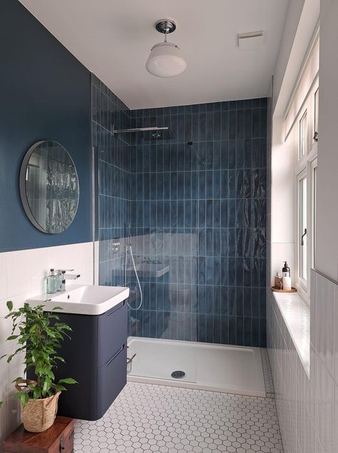 Gloss Blue Tiles Bathroom, Shower Room Blue, Navy Bathroom Tiles Wall, Family Bathroom Blue, Blue Wet Room, Navy Shower Room, Blue Moroccan Bathroom, Royal Blue Tile Bathroom, Bathroom Blue Tile Wall