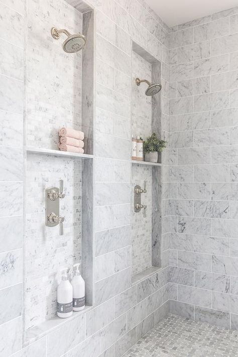 ᗩᑎᑎ ♡ Master Bath With Double Shower Heads, Shower Long Shelf, Luxury Built In Bathtub, Master Bath Niche Ideas, Double Shower Head With Niche, Bathroom Shower Next To Toilet, Trench Drain Shower Pan, Master Bath Shower Niche Ideas, Master Bath Double Shower Head