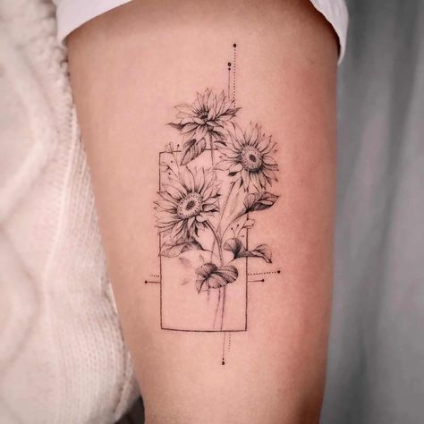 40 Beautiful Sunflower Tattoo Ideas for Men & Women in 2023 Fine Line Tattoo Floral Geometric, Fine Line Sunflower Tattoo Design, Daisy Tattoo Geometric, Flower Tattoos Geometric, Daisy Tattoo Arm, 3 Sunflower Tattoo, Geometric Sunflower Tattoo, Line Art Flower Tattoo, Geometric Flower Tattoo Design