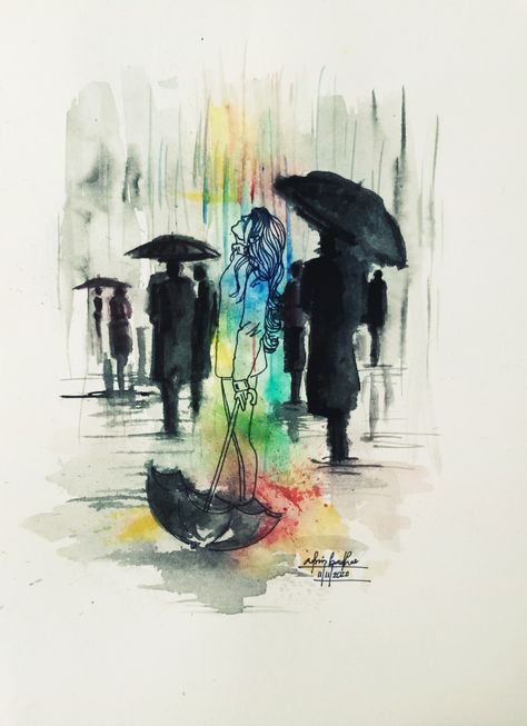 Rain Drawing Watercolor, Rain Art Aesthetic, Rain Aesthetic Drawing, Rain Art Drawings, Rain Drawing Sketches, Dancing In The Rain Tattoo, Rain Silhouette, Drawing Umbrella, Painting Freedom